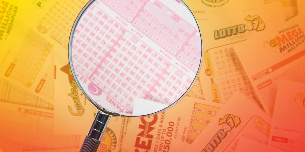 Lottery ticket under a magnifying glass